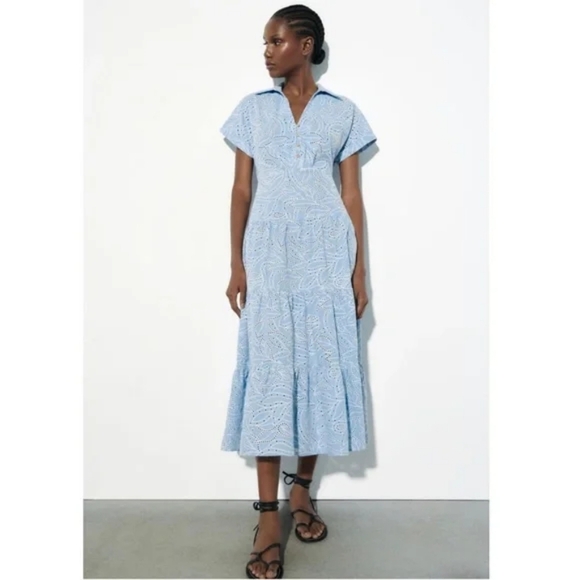 Zara Embroidered Cutout Tiered Eyelet Maxi Shirt Dress XS Light Blue - Picture 1 of 16